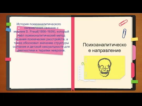 Психоаналитическое направление История психоаналитического направления связана с именем S. Freud(1856-1939), который ввёл