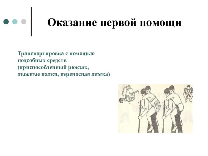 Оказание первой помощи Транспортировка с помощью подсобных средств (приспособленный рюкзак, лыжные палки, переносная лямка)