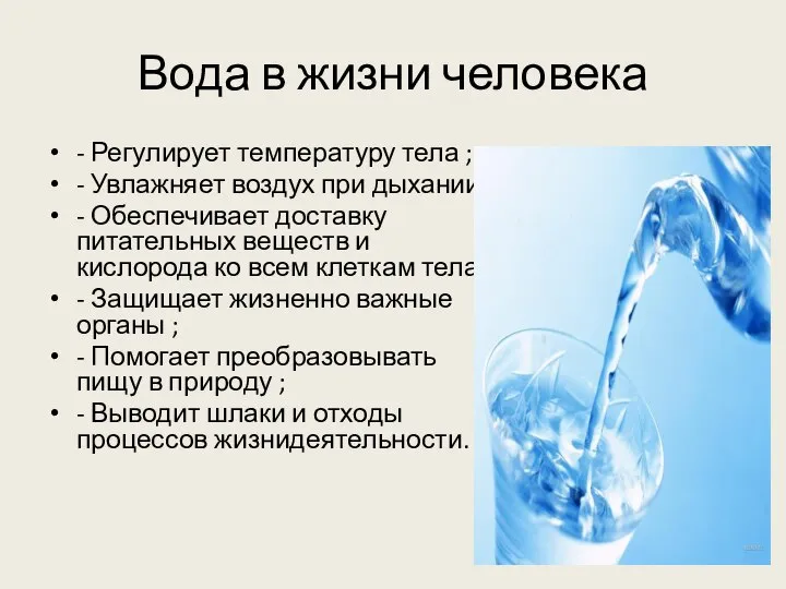 Вода в жизни человека - Регулирует температуру тела ; - Увлажняет воздух