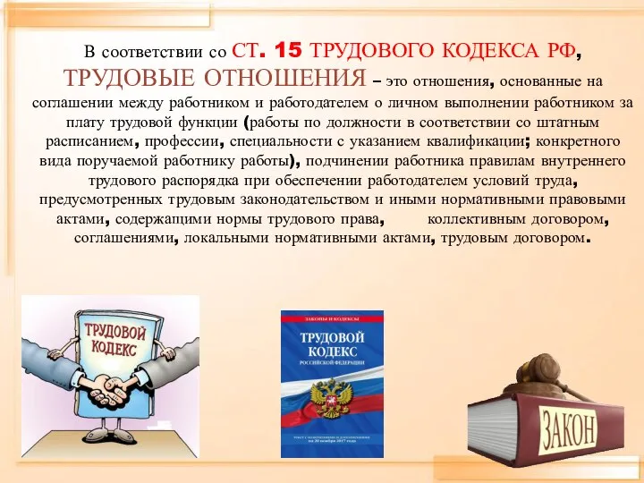 В соответствии со СТ. 15 ТРУДОВОГО КОДЕКСА РФ, ТРУДОВЫЕ ОТНОШЕНИЯ – это