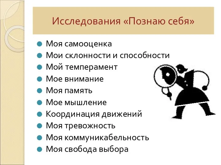 Исследования «Познаю себя» Моя самооценка Мои склонности и способности Мой темперамент Мое