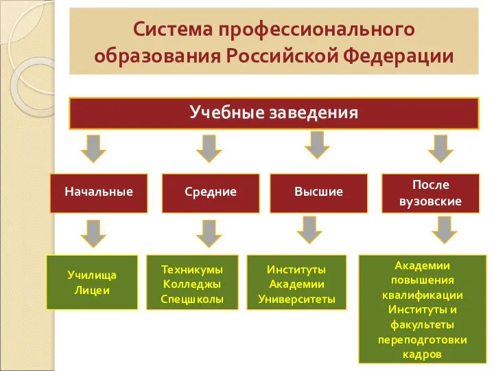 Учебные заведения Начальные Училища Лицеи Система профессионального образования Российской Федерации Средние Высшие