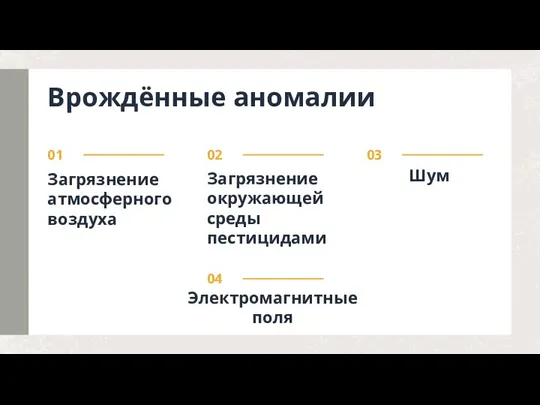 Врождённые аномалии Загрязнение атмосферного воздуха Загрязнение окружающей среды пестицидами Электромагнитные поля Шум 01 02 03 04