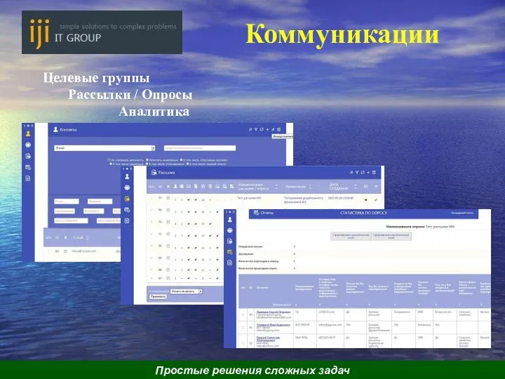 Коммуникации Целевые группы Рассылки / Опросы Аналитика Простые решения сложных задач