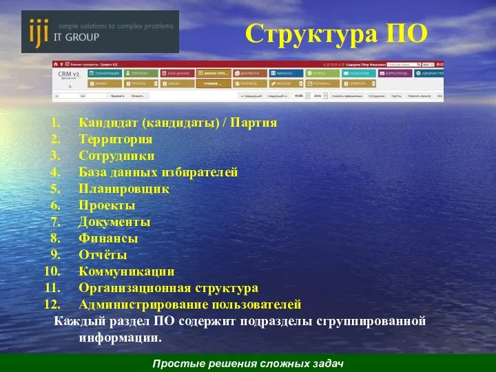 Структура ПО Кандидат (кандидаты) / Партия Территория Сотрудники База данных избирателей Планировщик