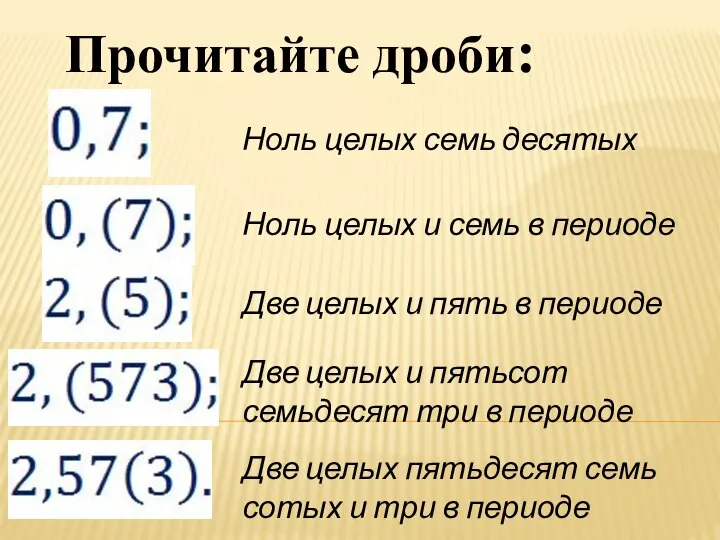 Прочитайте дроби: Ноль целых семь десятых Ноль целых и семь в периоде