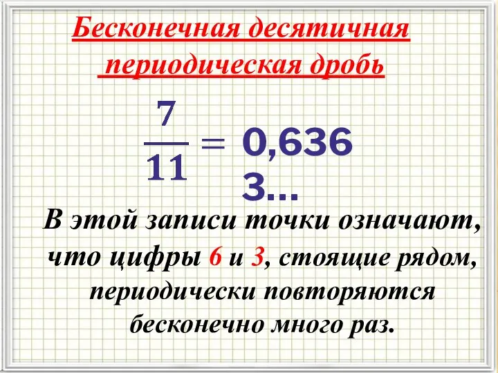 Бесконечная десятичная периодическая дробь 0,6363… В этой записи точки означают, что цифры