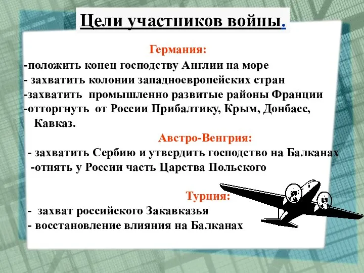 Цели участников войны. Германия: положить конец господству Англии на море захватить колонии