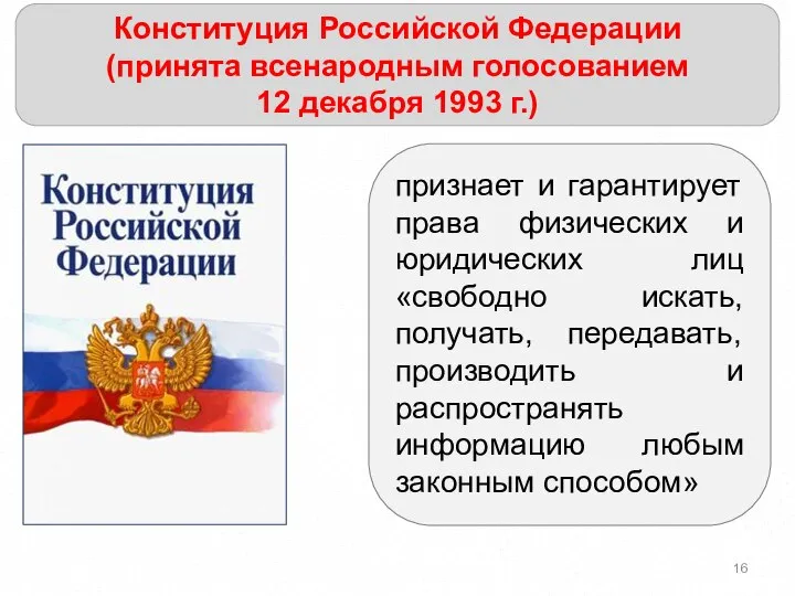 Конституция Российской Федерации (принята всенародным голосованием 12 декабря 1993 г.) признает и