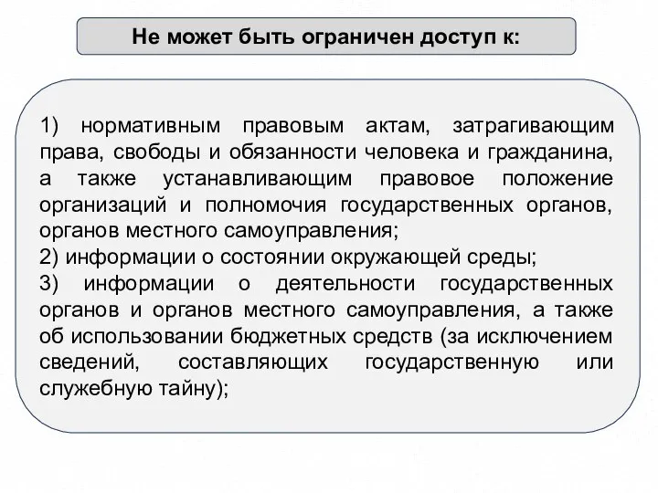 Не может быть ограничен доступ к: 1) нормативным правовым актам, затрагивающим права,