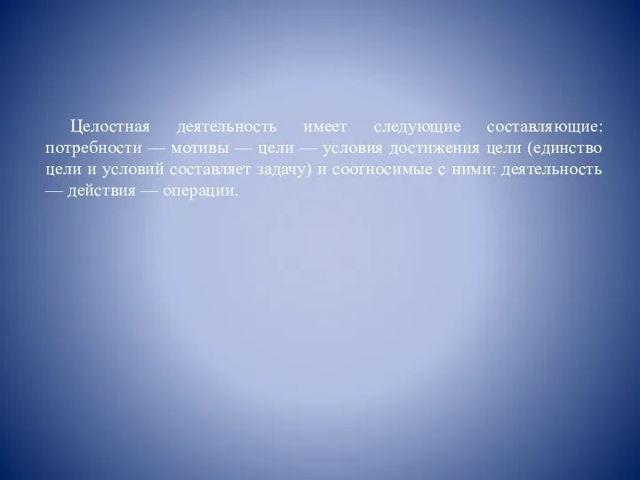 Целостная деятельность имеет следующие составляющие: потребности — мотивы — цели — условия