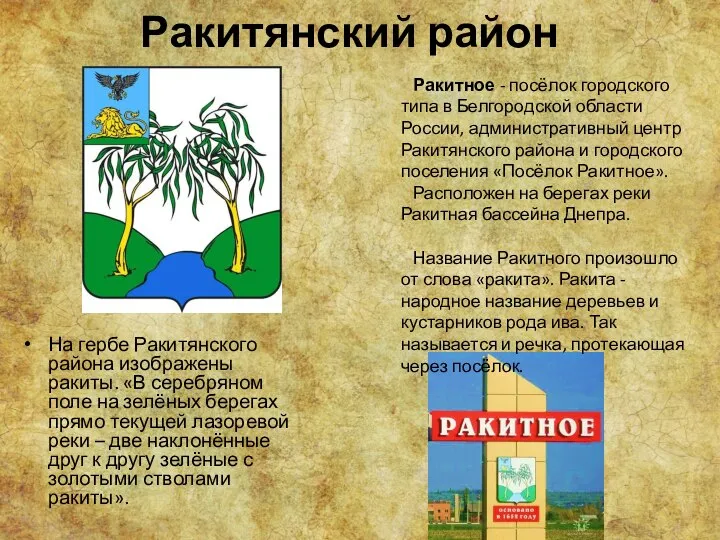 На гербе Ракитянского района изображены ракиты. «В серебряном поле на зелёных берегах