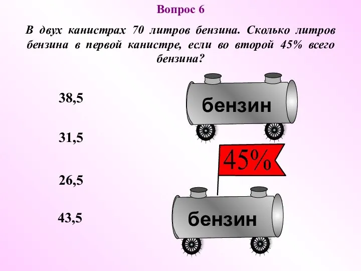 38,5 26,5 43,5 31,5 Вопрос 6 В двух канистрах 70 литров бензина.
