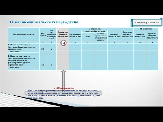 Ф. 0503738, ф. 0503738-НП Отчет об обязательствах учреждения п. 48 Инструкции 33н