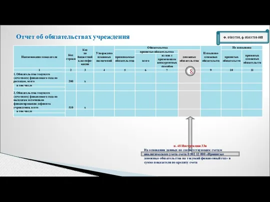 Ф. 0503738, ф. 0503738-НП Отчет об обязательствах учреждения 8 п. 48 Инструкции