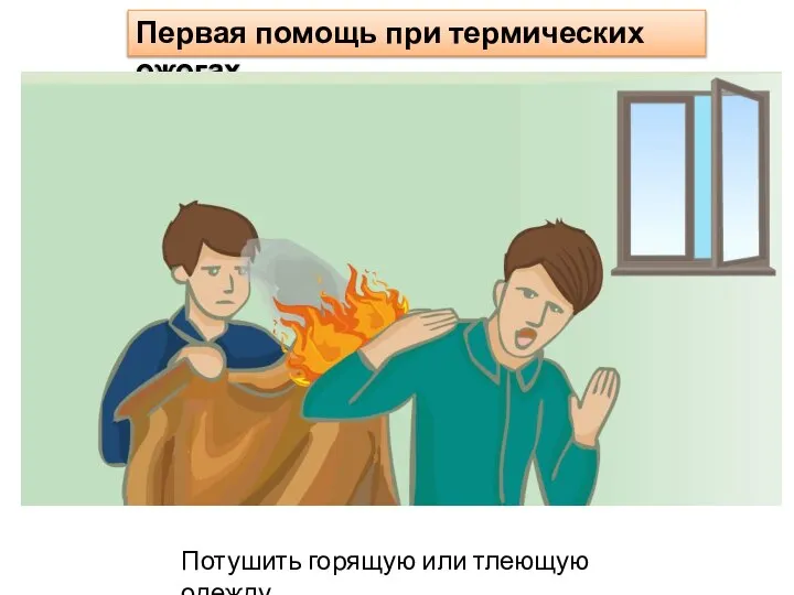 Потушить горящую или тлеющую одежду Первая помощь при термических ожогах