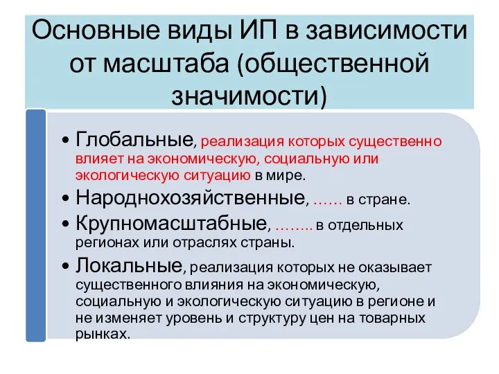 Основные виды ИП в зависимости от масштаба (общественной значимости)