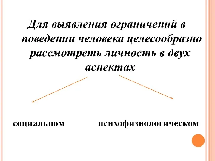 Для выявления ограничений в поведении человека целесообразно рассмотреть личность в двух аспектах социальном психофизиологическом