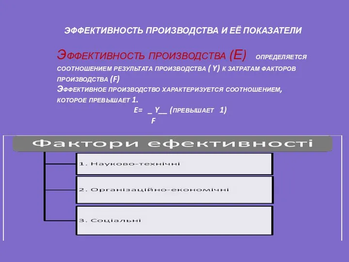 ЭФФЕКТИВНОСТЬ ПРОИЗВОДСТВА И ЕЁ ПОКАЗАТЕЛИ Эффективность производства (Е) определяется соотношением результата производства