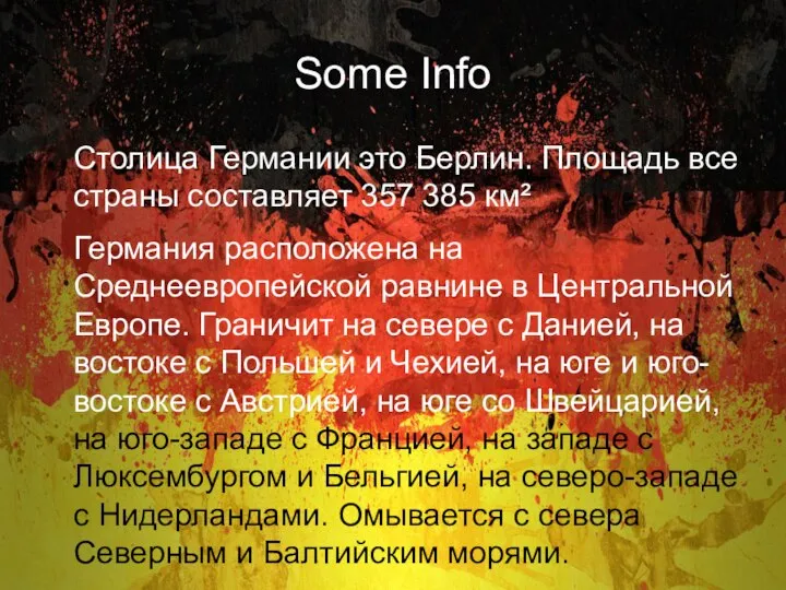 Some Info Столица Германии это Берлин. Площадь все страны составляет 357 385