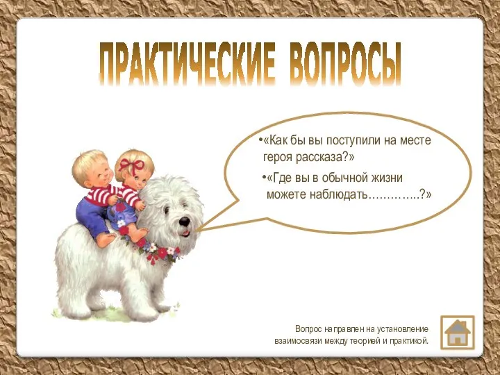 Вопрос направлен на установление взаимосвязи между теорией и практикой. ПРАКТИЧЕСКИЕ ВОПРОСЫ «Как