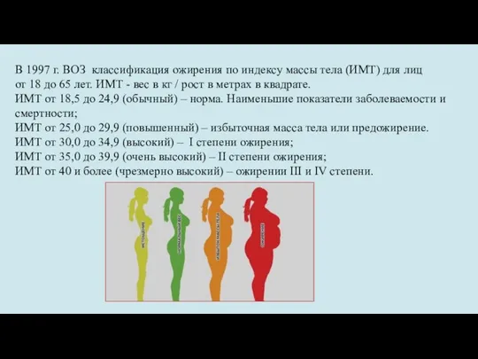 В 1997 г. ВОЗ классификация ожирения по индексу массы тела (ИМТ) для