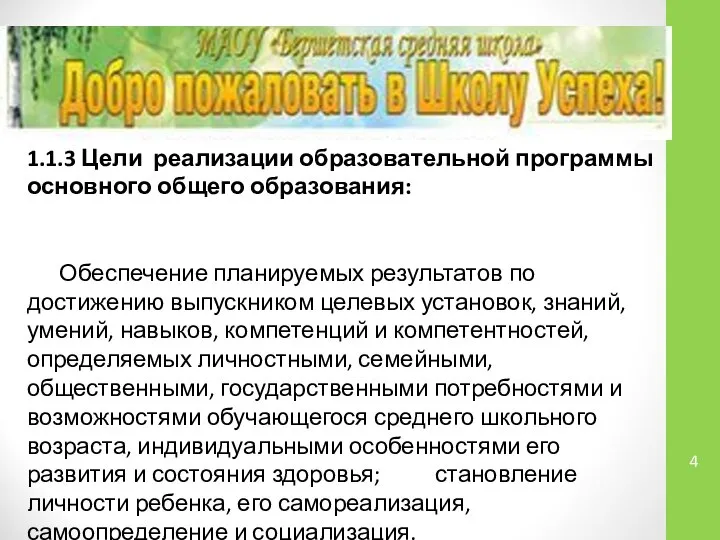 1.1.3 Цели реализации образовательной программы основного общего образования: Обеспечение планируемых результатов по