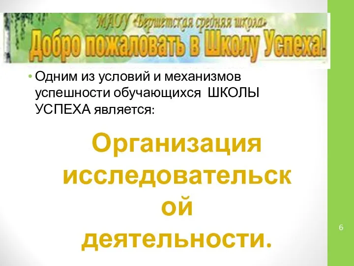 Одним из условий и механизмов успешности обучающихся ШКОЛЫ УСПЕХА является: Организация исследовательской деятельности.