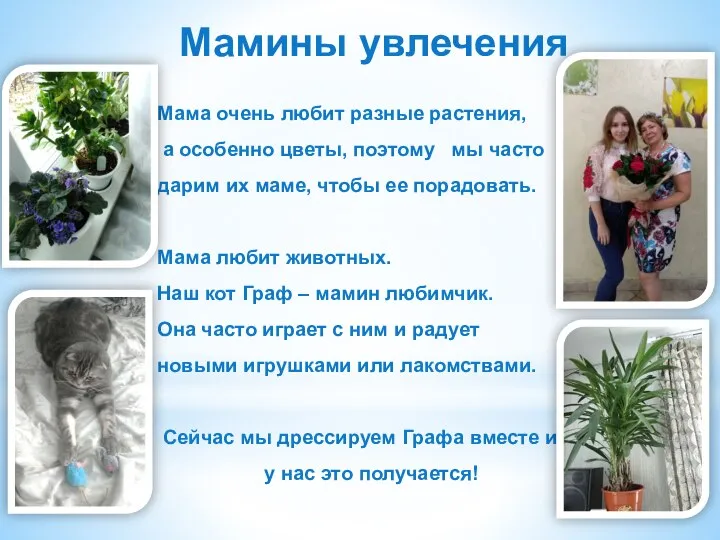 Мамины увлечения Мама очень любит разные растения, а особенно цветы, поэтому мы