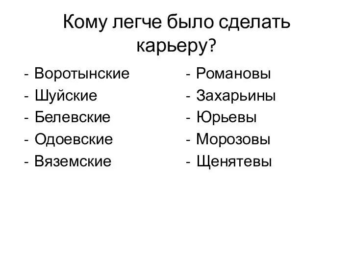 Кому легче было сделать карьеру? Воротынские Шуйские Белевские Одоевские Вяземские Романовы Захарьины Юрьевы Морозовы Щенятевы