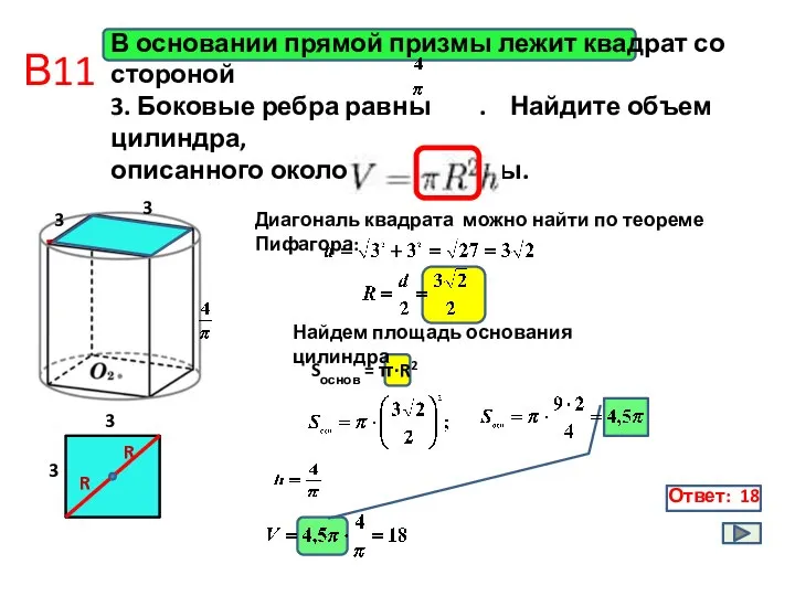 В11 Ответ: 18 В основании прямой призмы лежит квадрат со стороной 3.