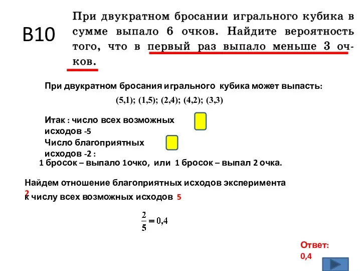 B10 Ответ: 0,4 При двукратном бросания игрального кубика может выпасть: (5,1); (1,5);