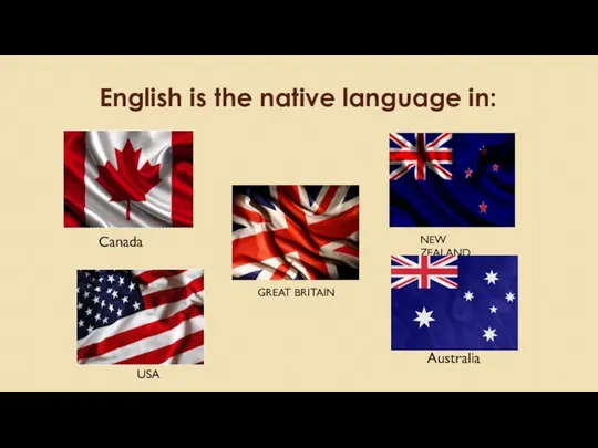 English is the native language in: NEW ZEALAND GREAT BRITAIN Australia Canada USA