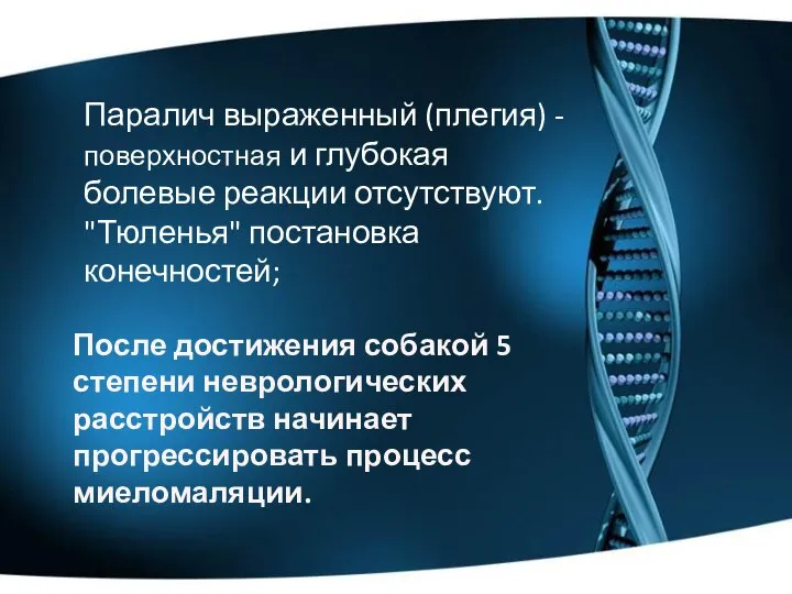 Паралич выраженный (плегия) - поверхностная и глубокая болевые реакции отсутствуют. "Тюленья" постановка