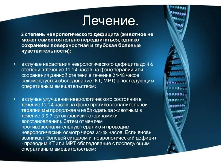 Лечение. 3 степень неврологического дефицита (животное не может самостоятельно передвигаться, однако сохранены