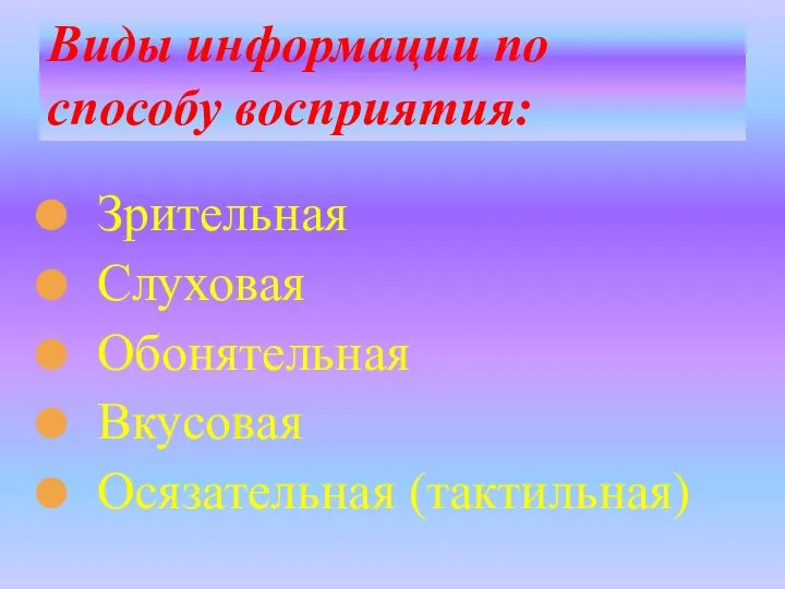 Зрительная Слуховая Обонятельная Вкусовая Осязательная (тактильная) Виды информации по способу восприятия: