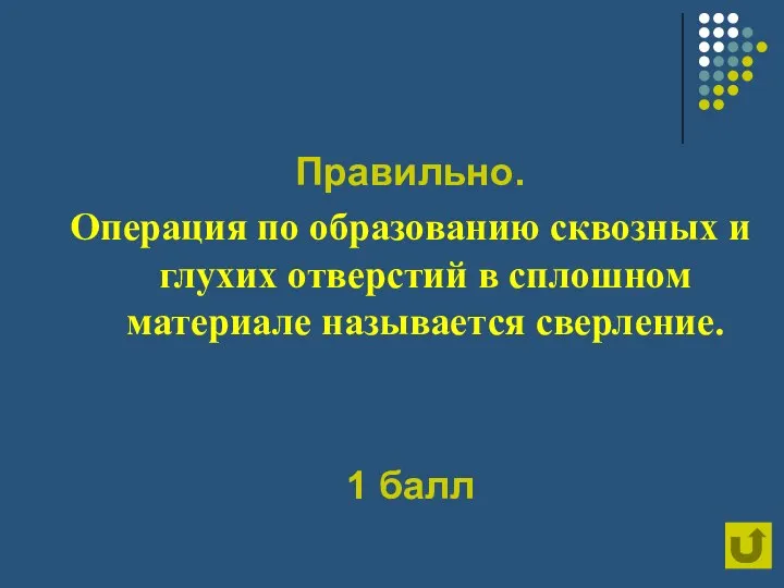 Правильно. Операция по образованию сквозных и глухих отверстий в сплошном материале называется сверление. 1 балл