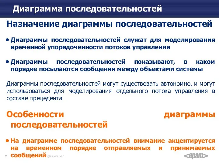 Диаграмма последовательностей Назначение диаграммы последовательностей Диаграммы последовательностей служат для моделирования временной упорядоченности