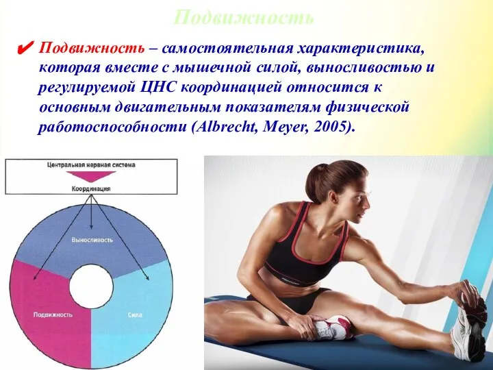 Подвижность Подвижность – самостоятельная характеристика, которая вместе с мышечной силой, выносливостью и