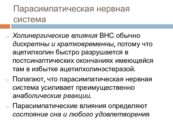 Парасимпатическая нервная система Холинергические влияния ВНС обычно дискретны и кратковременны, потому что