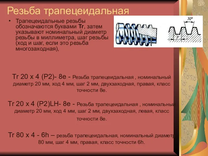 Резьба трапецеидальная Трапецеидальные резьбы обозначаются буквами Tr, затем указывают номинальный диаметр резьбы