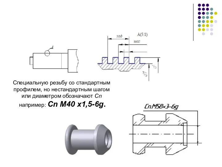 Специальную резьбу со стандартным профилем, но нестандартным шагом или диаметром обозначают Сn например: Сn М40 х1,5-6g.