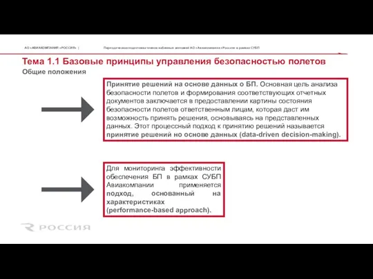 Тема 1.1 Базовые принципы управления безопасностью полетов Принятие решений на основе данных