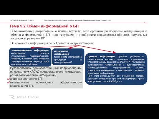 Тема 5.2 Обмен информацией о БП Периодическая подготовка членов кабинных экипажей АО