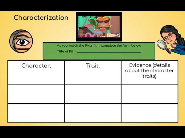 As you watch the Pixar film, complete the form below. Title of Film: ____________________________________________ Characterization