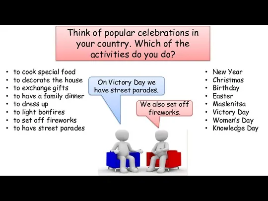 Think of popular celebrations in your country. Which of the activities do