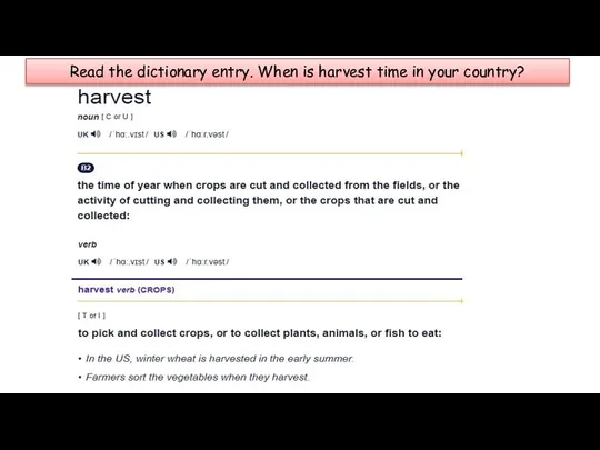 Read the dictionary entry. When is harvest time in your country?