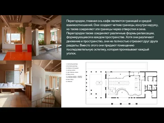 Перегородки, главная ось кафе являются границей и средой взаимоотношений. Они создают четкие