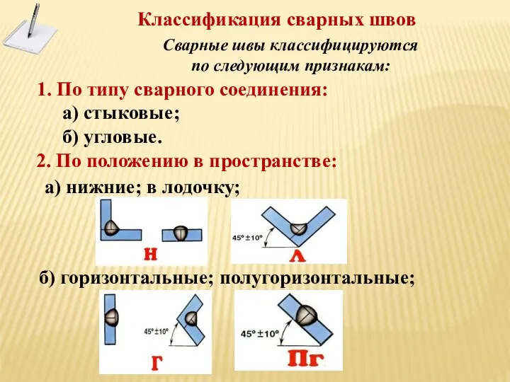 Классификация сварных швов Сварные швы классифицируются по следующим признакам: 1. По типу