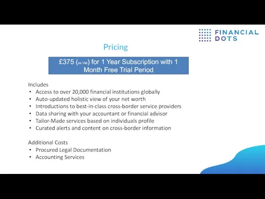 Pricing Includes Access to over 20,000 financial institutions globally Auto-updated holistic view